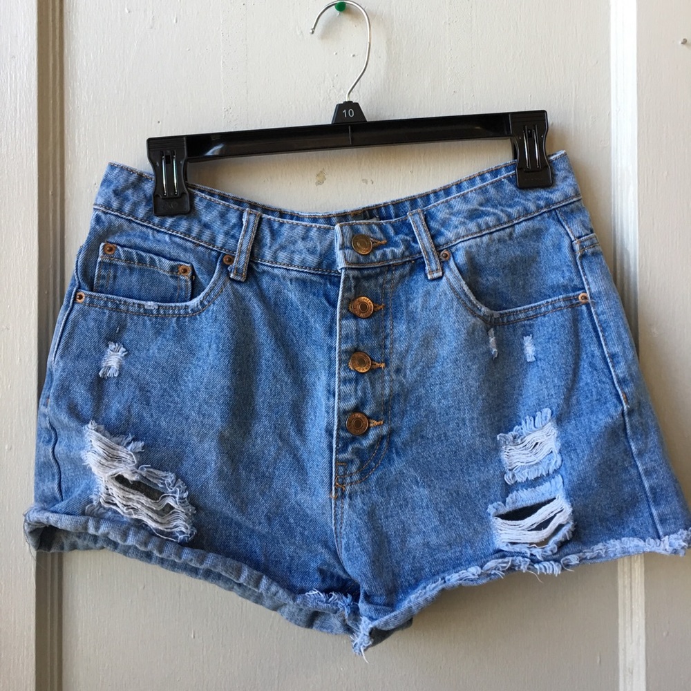 Distressed denim shorts